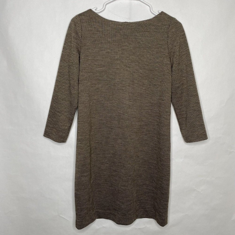 UNI QLO Dress Women S Brown Houndstooth Print Back Zipper Tassel Long Sleeve